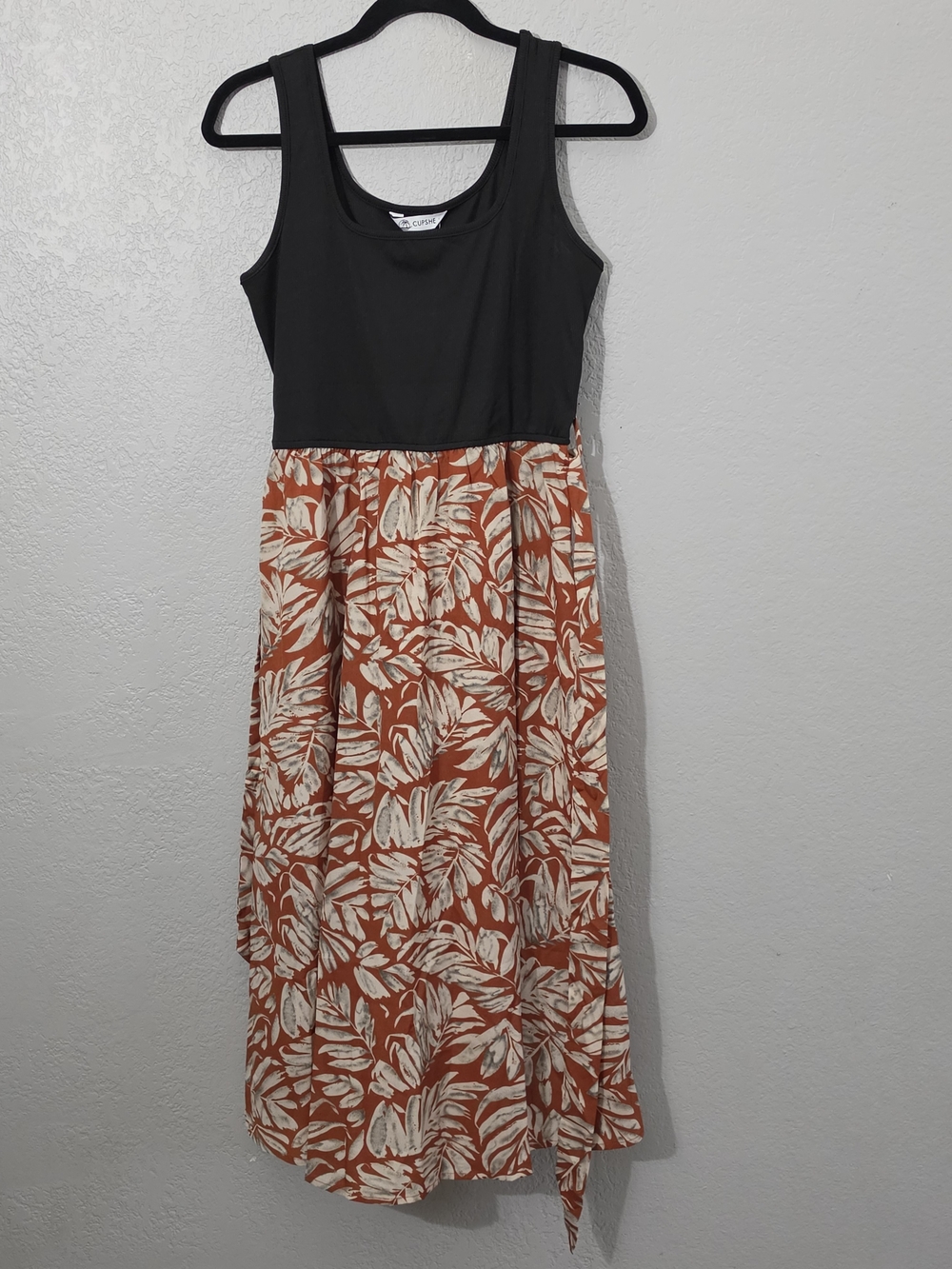 Cupshe Tropical Palms Square Neck Midi Dress Black/Rust Tie-Waist Womens Medium - Picture 3 of 11